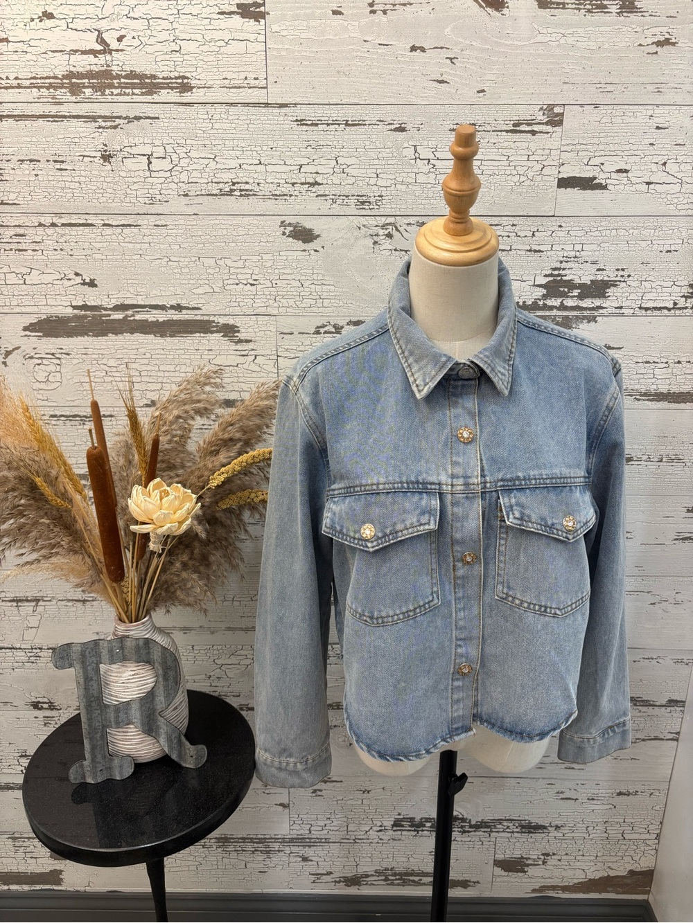 Stoosh Light Blue Denim Jacket with Front Pockets & Jeweled Button Snaps